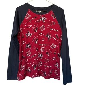 Ariat Pajama Top Womens Small Red Cowboy Horse Print Long Sleeve Western Raglan